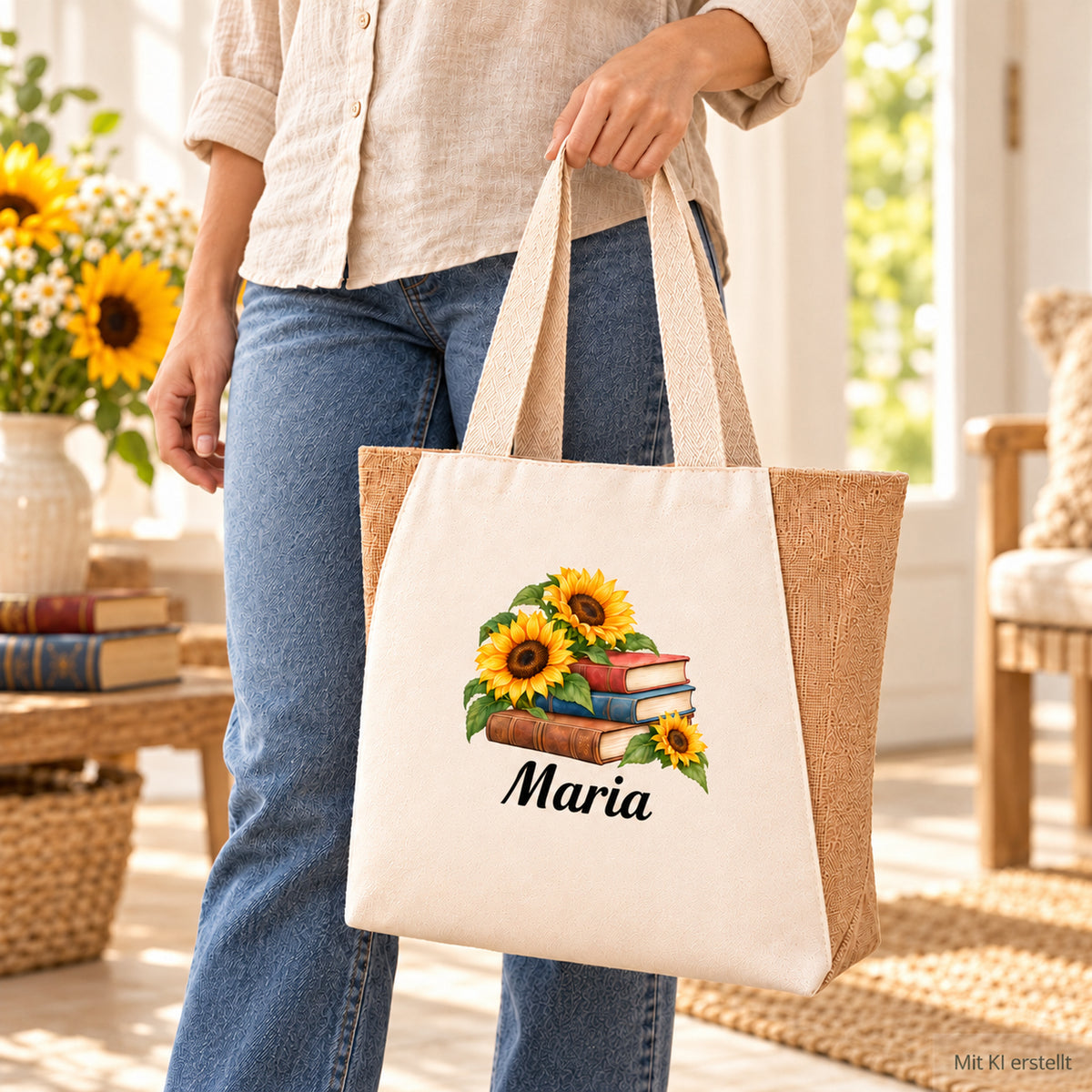 Shopper mit Bücher und Sonnenblumen und Wunschname über der Schulter getragen