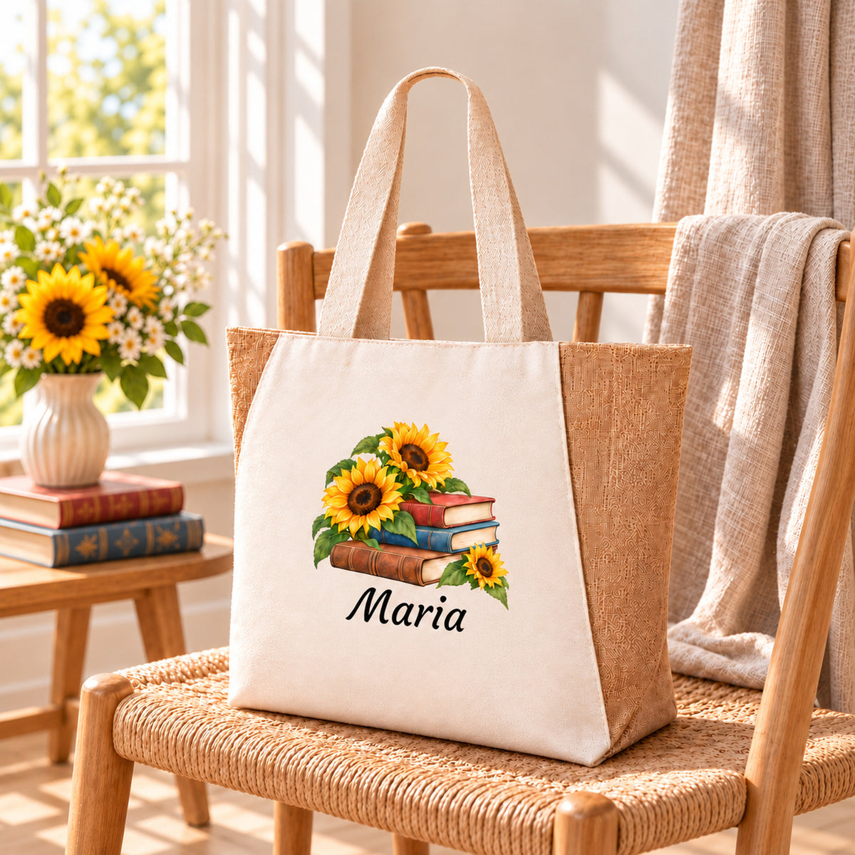 Tasche mit Bücher und Sonnenblumen und Wunschname in wohnlicher Umgebung