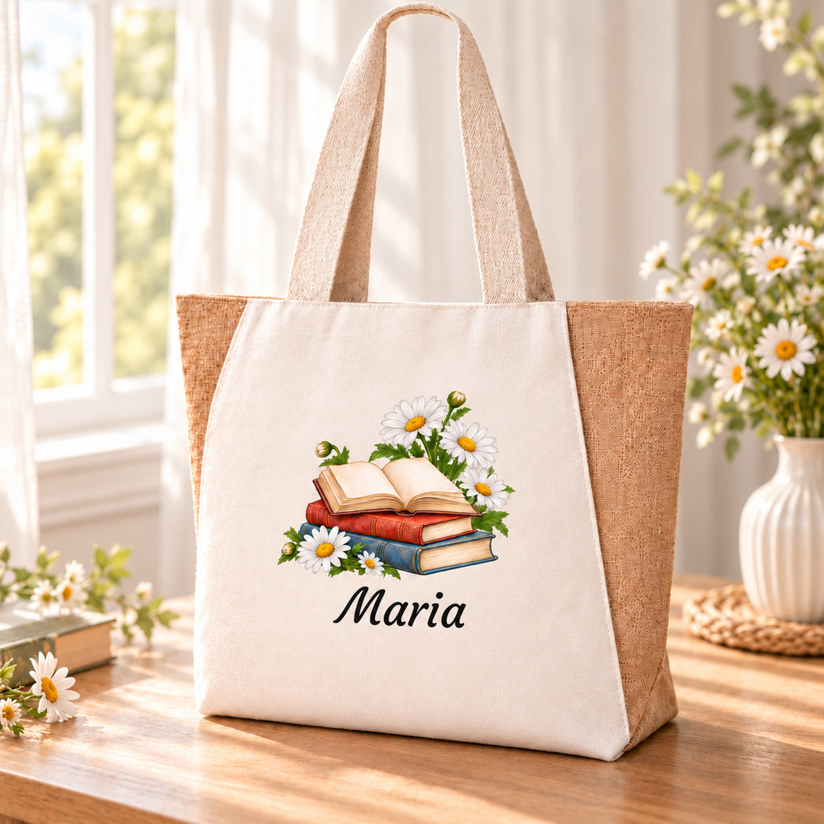 Tasche für Bücherfreunde mit Bücher und Margeriten und persönlichem Wunschnamen