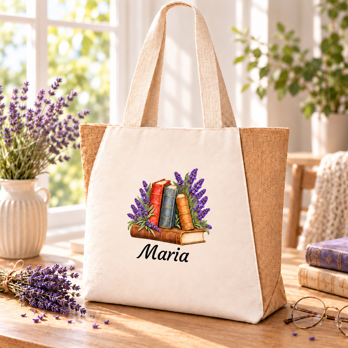 Tasche für Bücherfreunde mit Bücher und Lavendel und persönlichem Wunschnamen