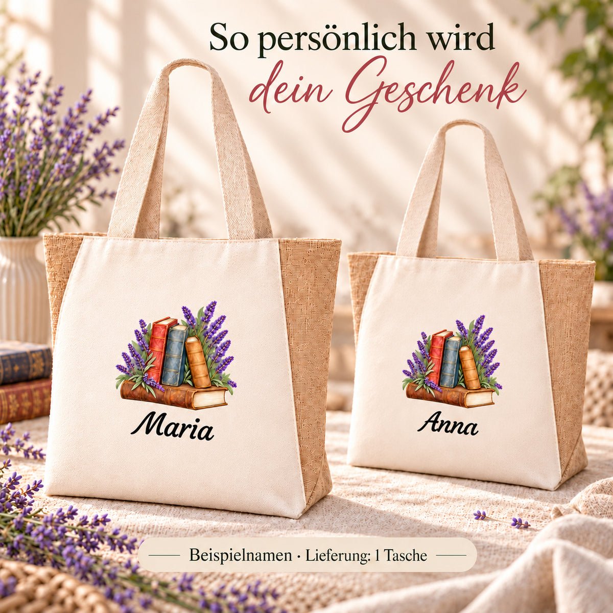Personalisierter Shopper mit Bücher und Lavendel und Wunschname unter dem Motiv