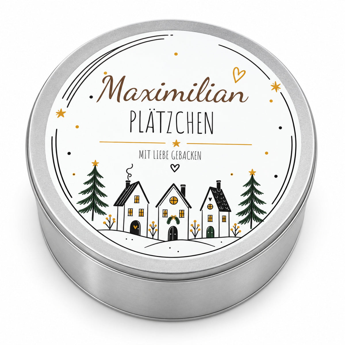 Runde silberne Keksdose mit Motiv Winterdorf und Wunschname auf dem Deckel, auf weißem Hintergrund.