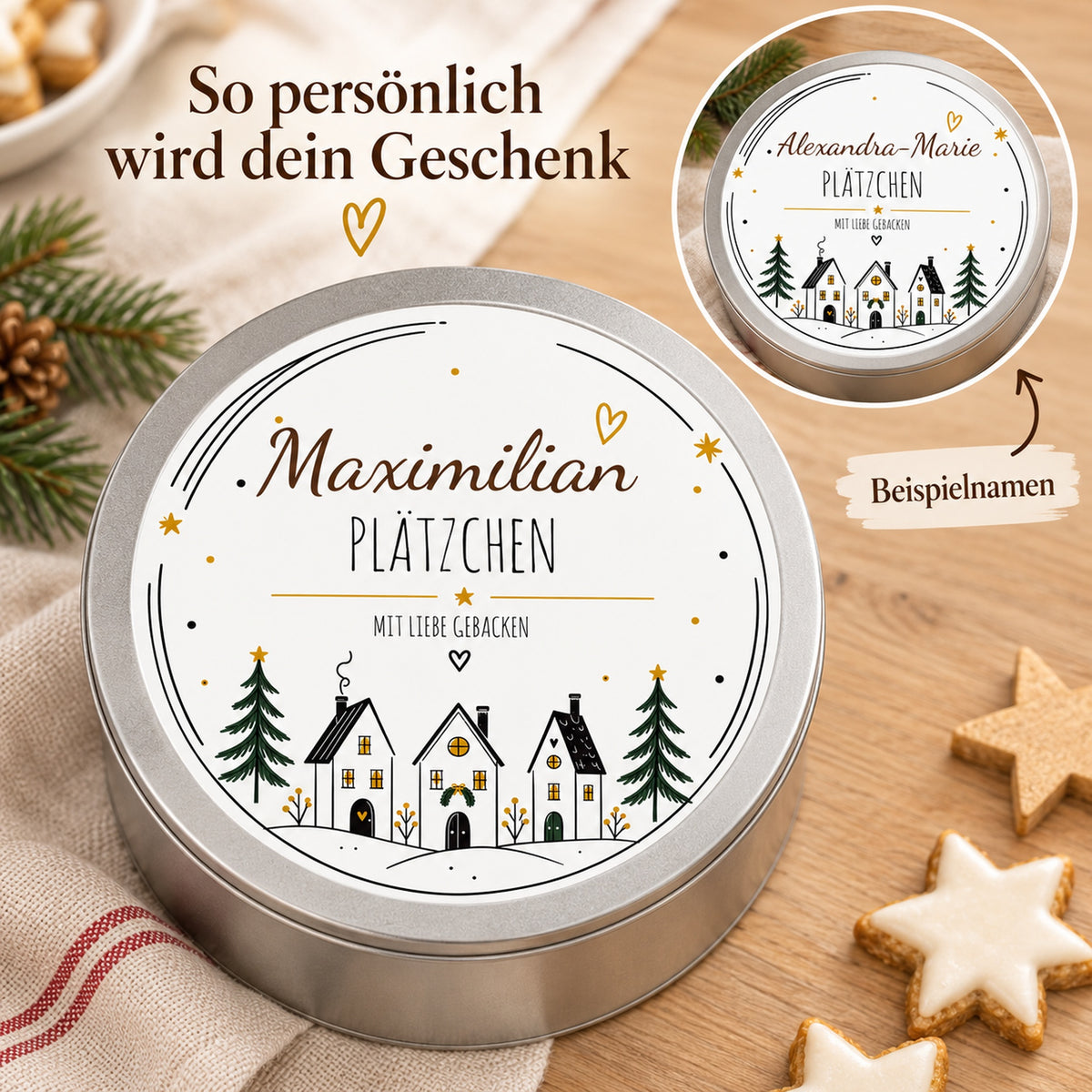 Personalisierung des Deckelmotivs Winterdorf mit zwei Beispielnamen.