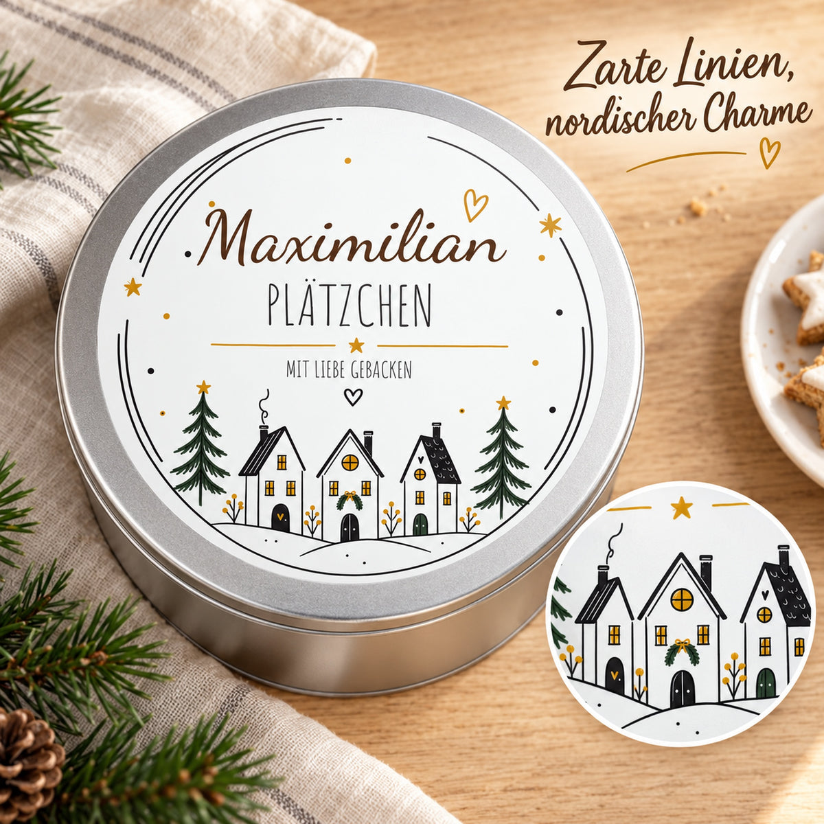 Nahaufnahme des skandinavischen Linienmotivs Winterdorf, zusätzlich in einem Kreisausschnitt gezeigt.
