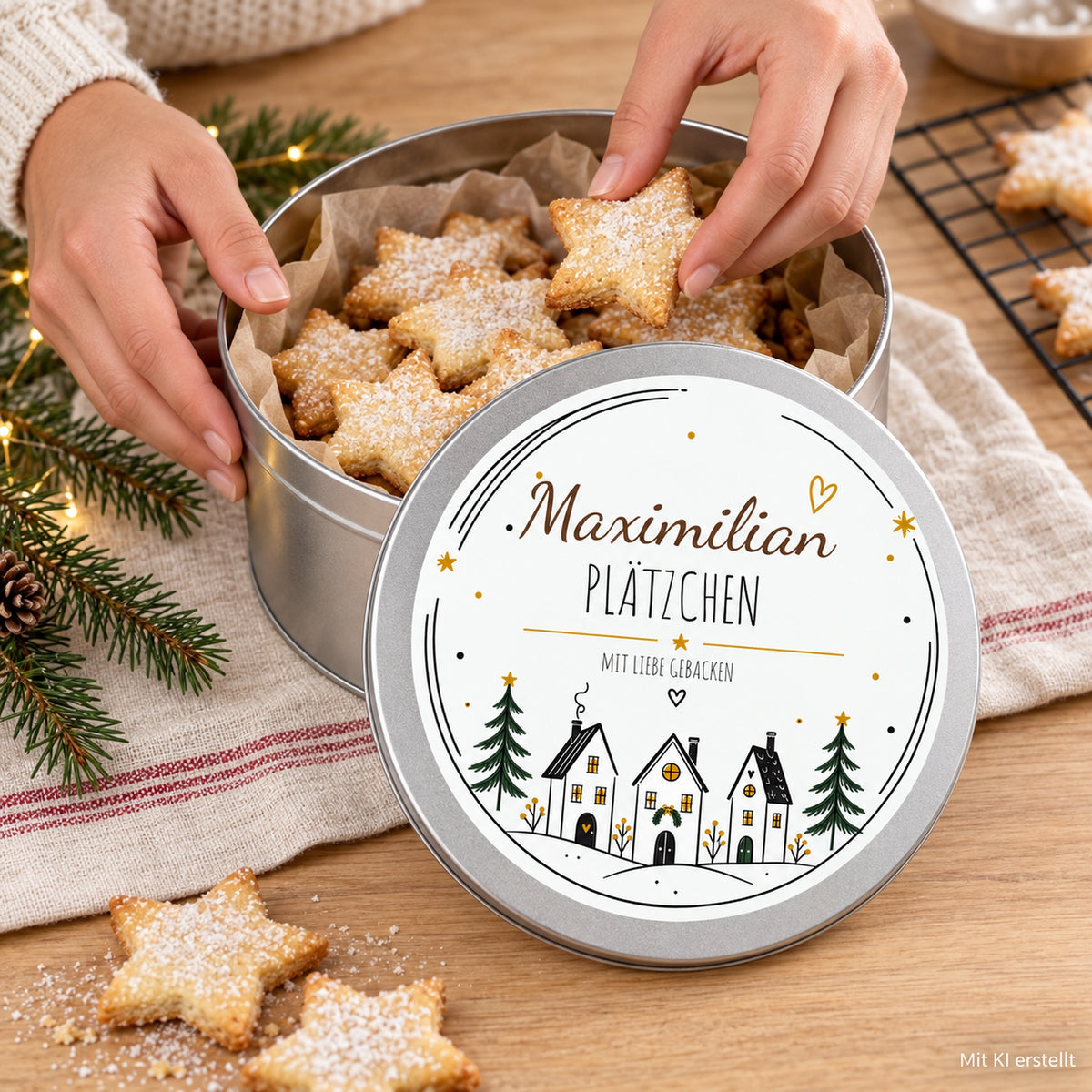 Hände füllen Plätzchen in eine offene Keksdose; der bedruckte Deckel Winterdorf ist daneben sichtbar.