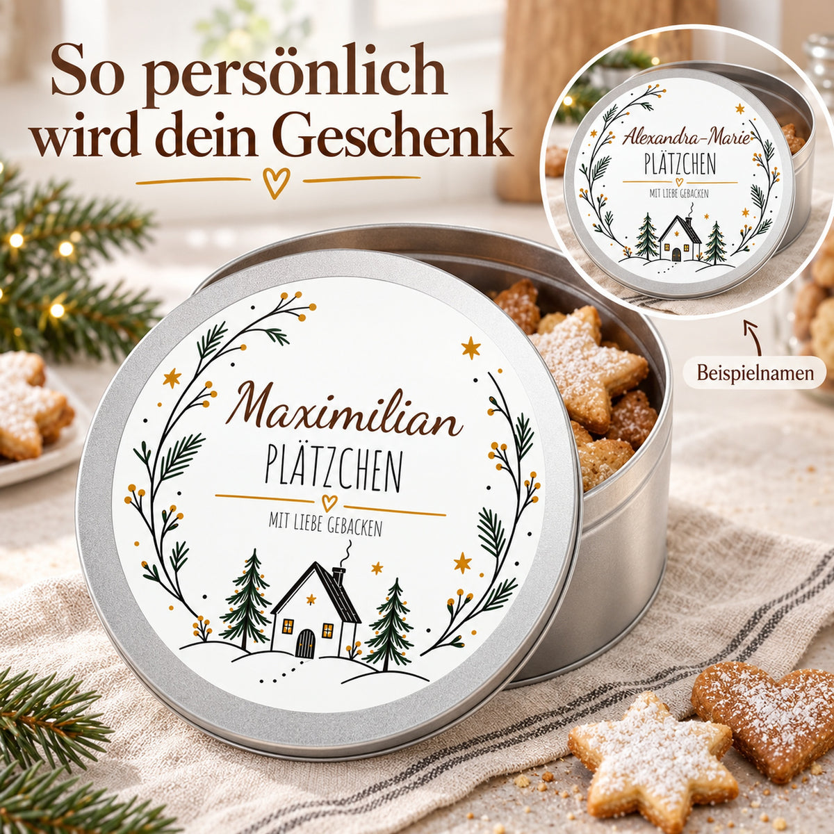 Personalisierung des Deckelmotivs Nordisches Haus mit zwei Beispielnamen.