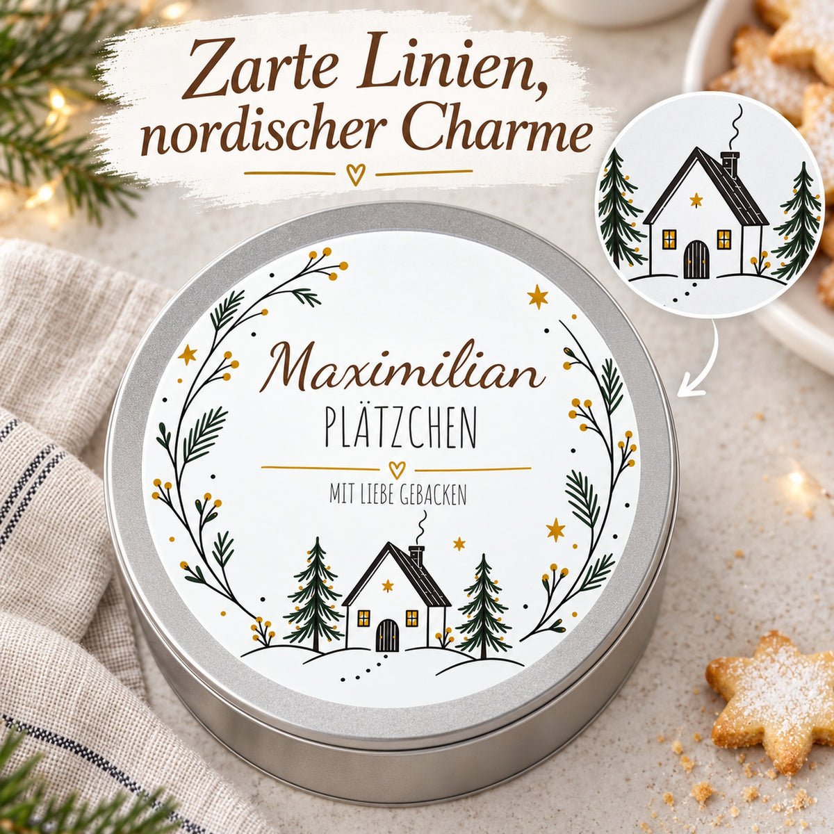 Nahaufnahme des skandinavischen Linienmotivs Nordisches Haus, zusätzlich in einem Kreisausschnitt gezeigt.