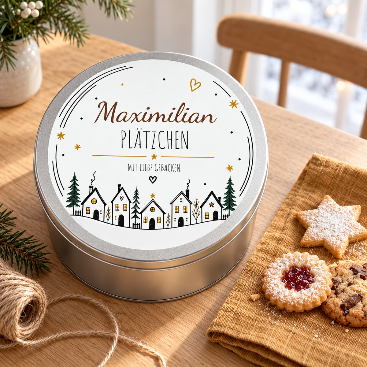 Keksdose Häuserzeile in einer Geschenkszene auf dem Tisch mit Gebäck und Leinen.