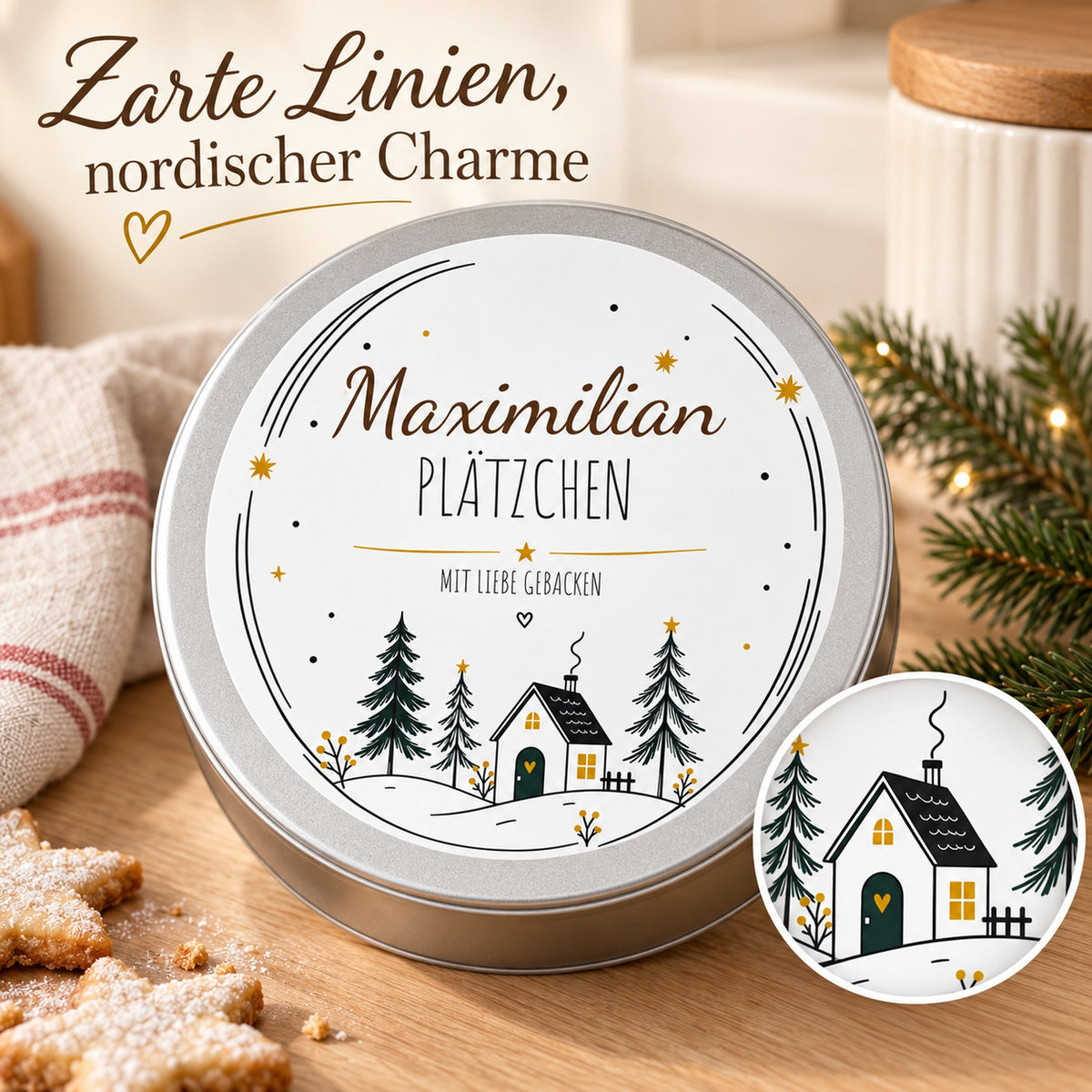 Nahaufnahme des skandinavischen Linienmotivs Waldhäuschen, zusätzlich in einem Kreisausschnitt gezeigt.