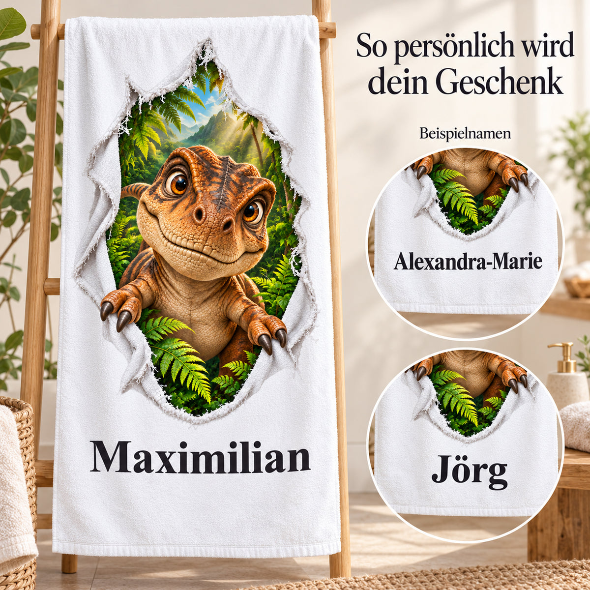 Weißes personalisiertes Handtuch mit T-Rex-Baby-Motiv im Stoffriss-Design mit verschiedenen Beispielnamen.