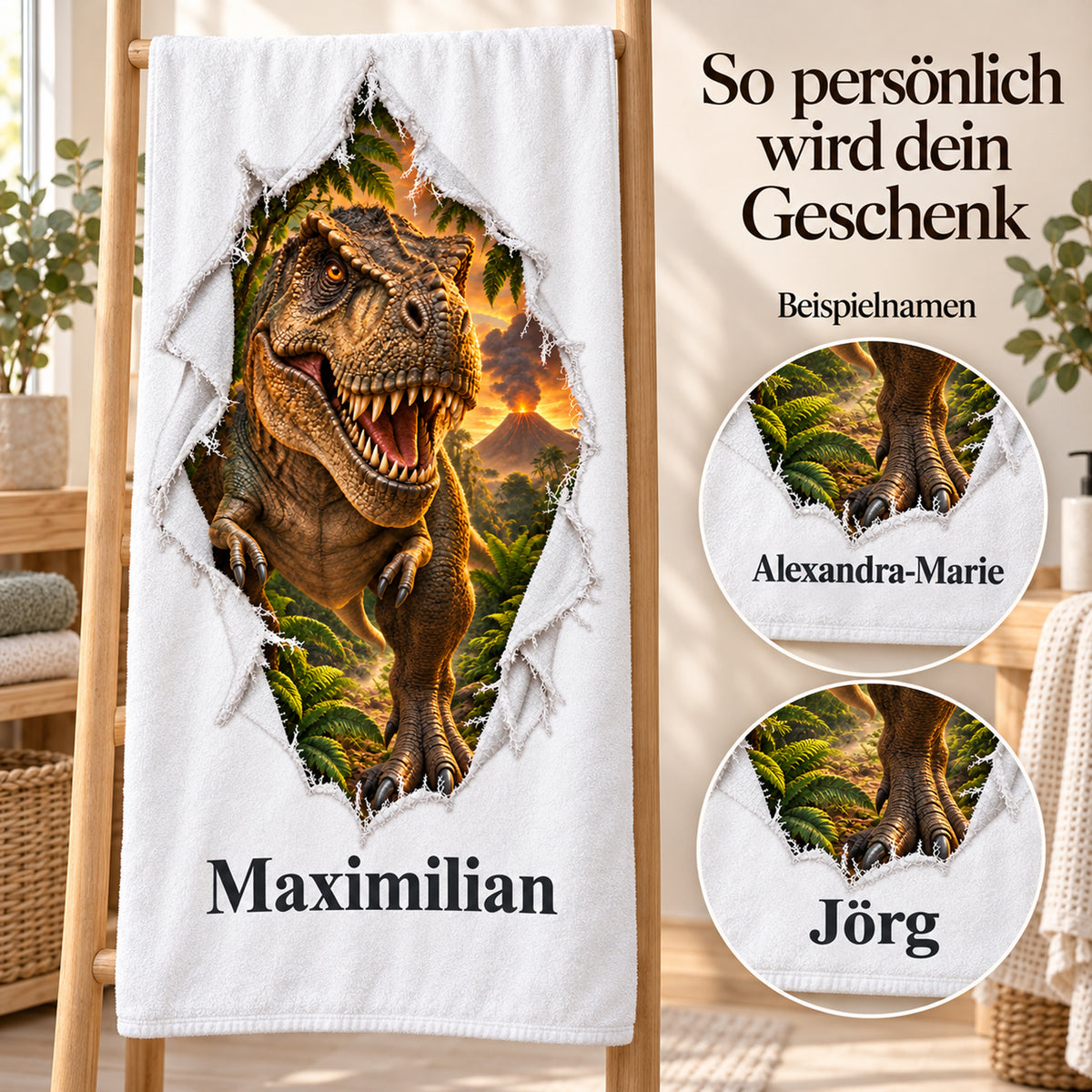 Weißes personalisiertes Handtuch mit T-Rex-Motiv im Stoffriss-Design mit verschiedenen Beispielnamen.