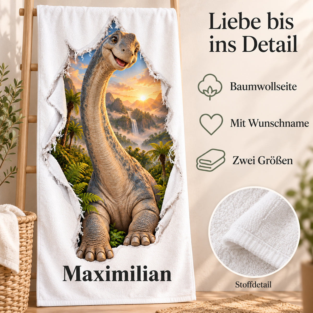Weißes personalisiertes Handtuch mit Langhals-Dinosaurier-Motiv im Stoffriss-Design mit Materialdetail und Informationen zur Personalisierung.