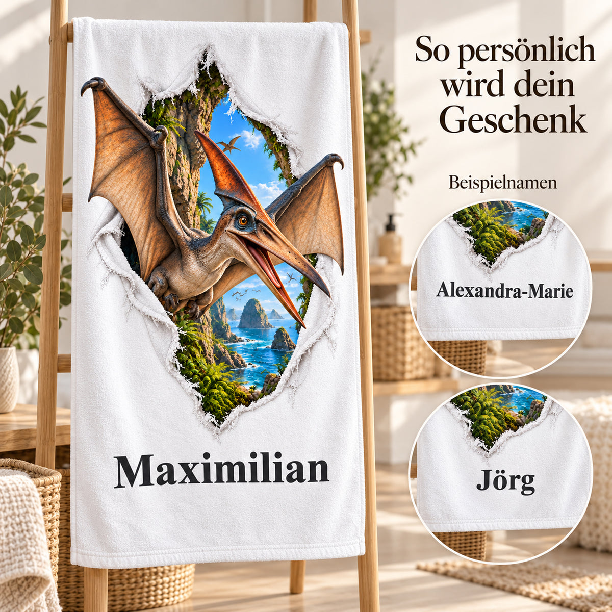 Weißes personalisiertes Handtuch mit Flugsaurier-Motiv im Stoffriss-Design mit verschiedenen Beispielnamen.