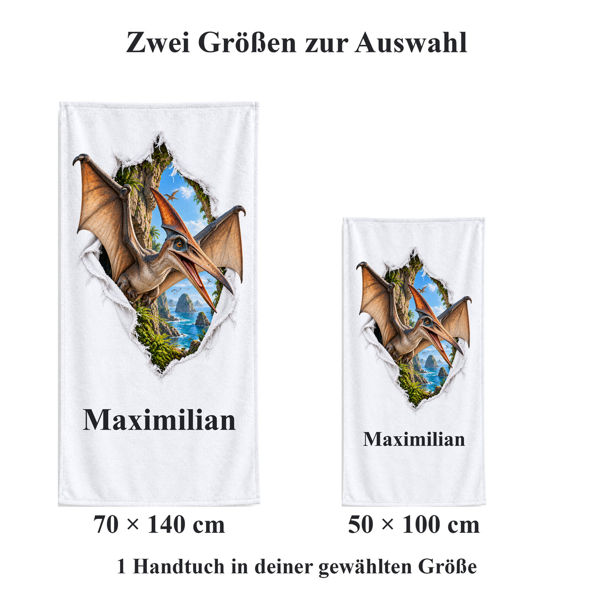 Weißes personalisiertes Handtuch mit Flugsaurier-Motiv im Stoffriss-Design im Vergleich der zwei wählbaren Größen.
