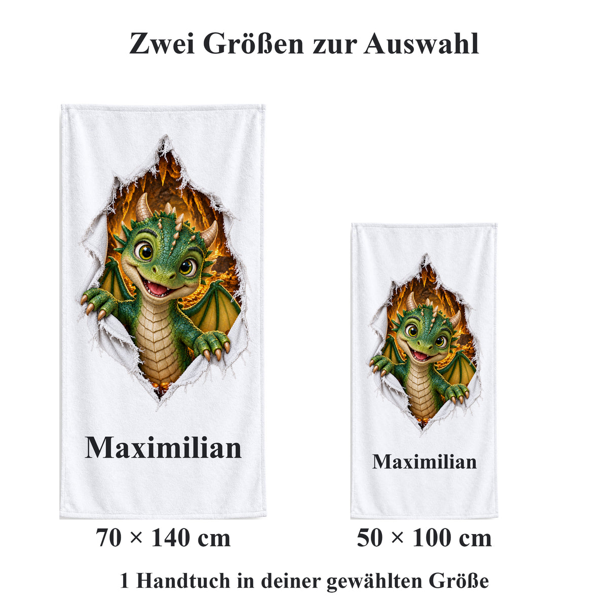 Weißes personalisiertes Handtuch mit Drachenbaby-Motiv im Stoffriss-Design im Vergleich der zwei wählbaren Größen.