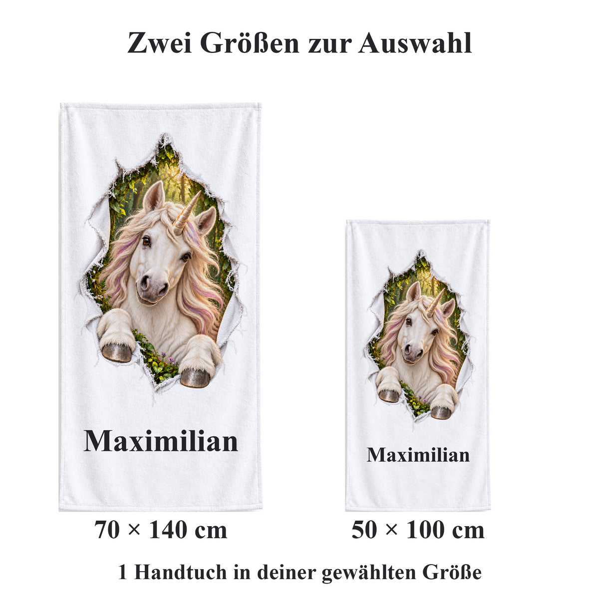 Weißes personalisiertes Handtuch mit Einhorn-Motiv im Stoffriss-Design im Vergleich der zwei wählbaren Größen.