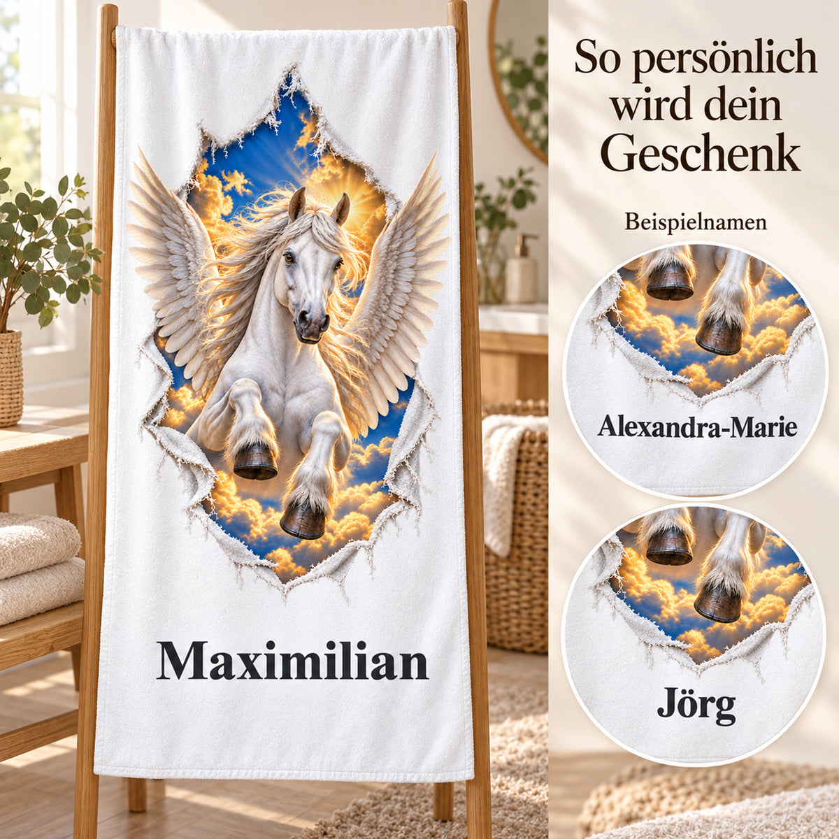 Weißes personalisiertes Handtuch mit Pegasus-Motiv im Stoffriss-Design mit verschiedenen Beispielnamen.