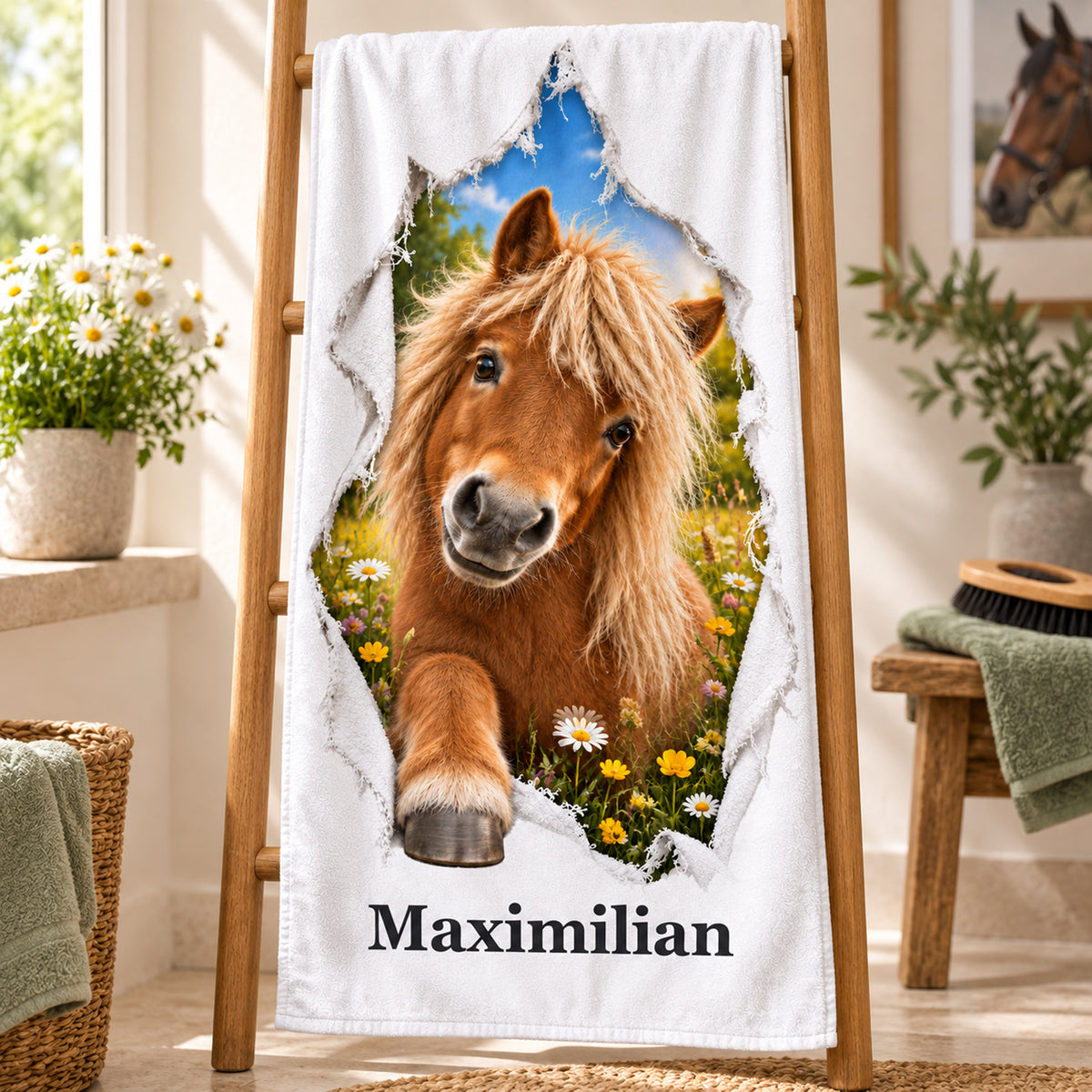 Pferde-Handtuch mit Shetlandpony und Wunschname an einer Holzleiter