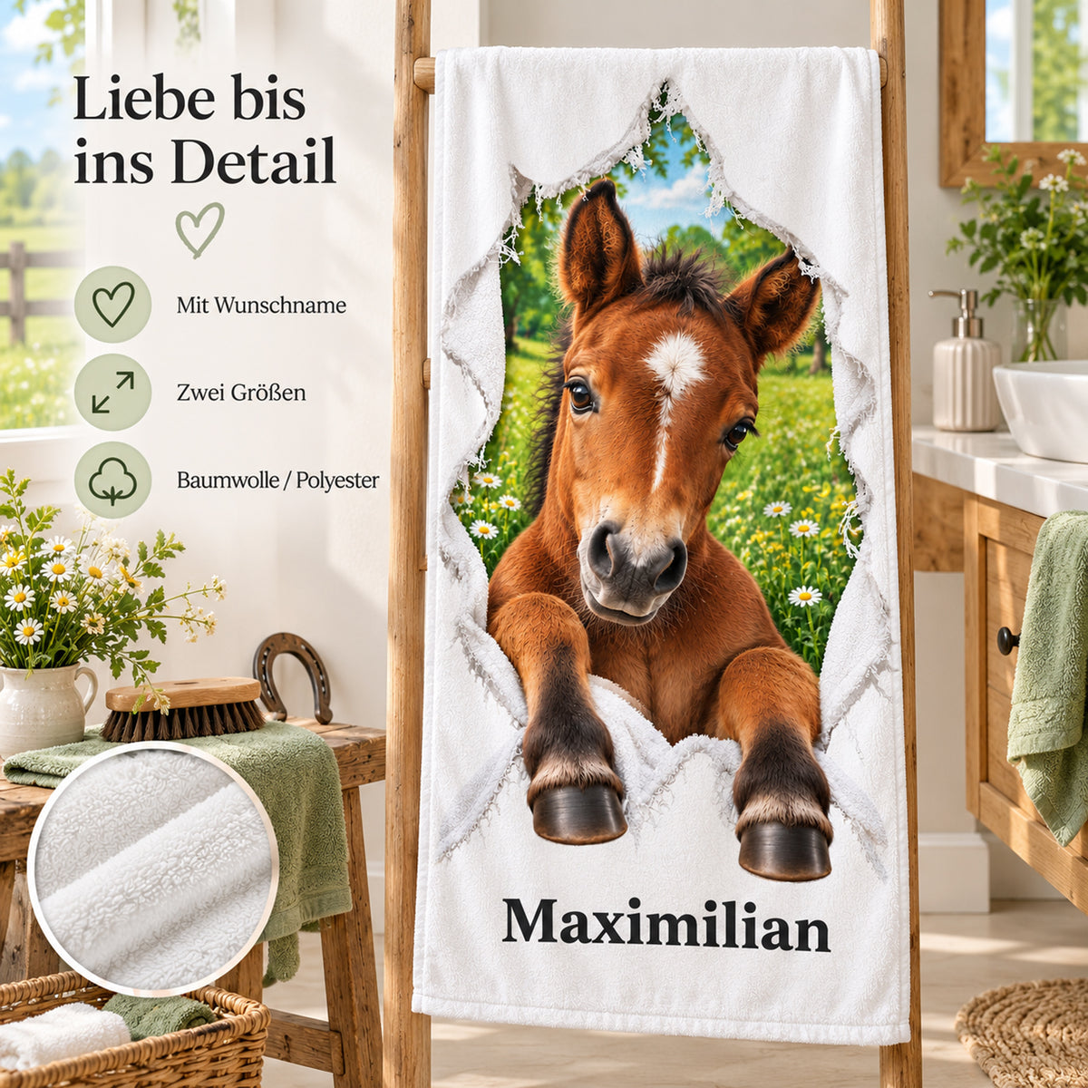 Handtuch mit Fohlen, Wunschname und Angaben zu zwei Größen und Material