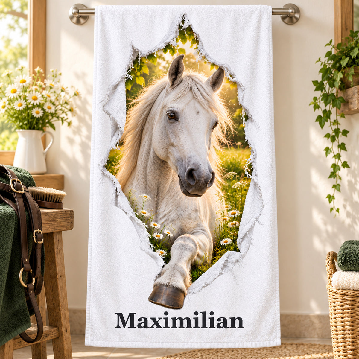 Pferde-Handtuch mit Schimmel und Wunschname am Handtuchhalter