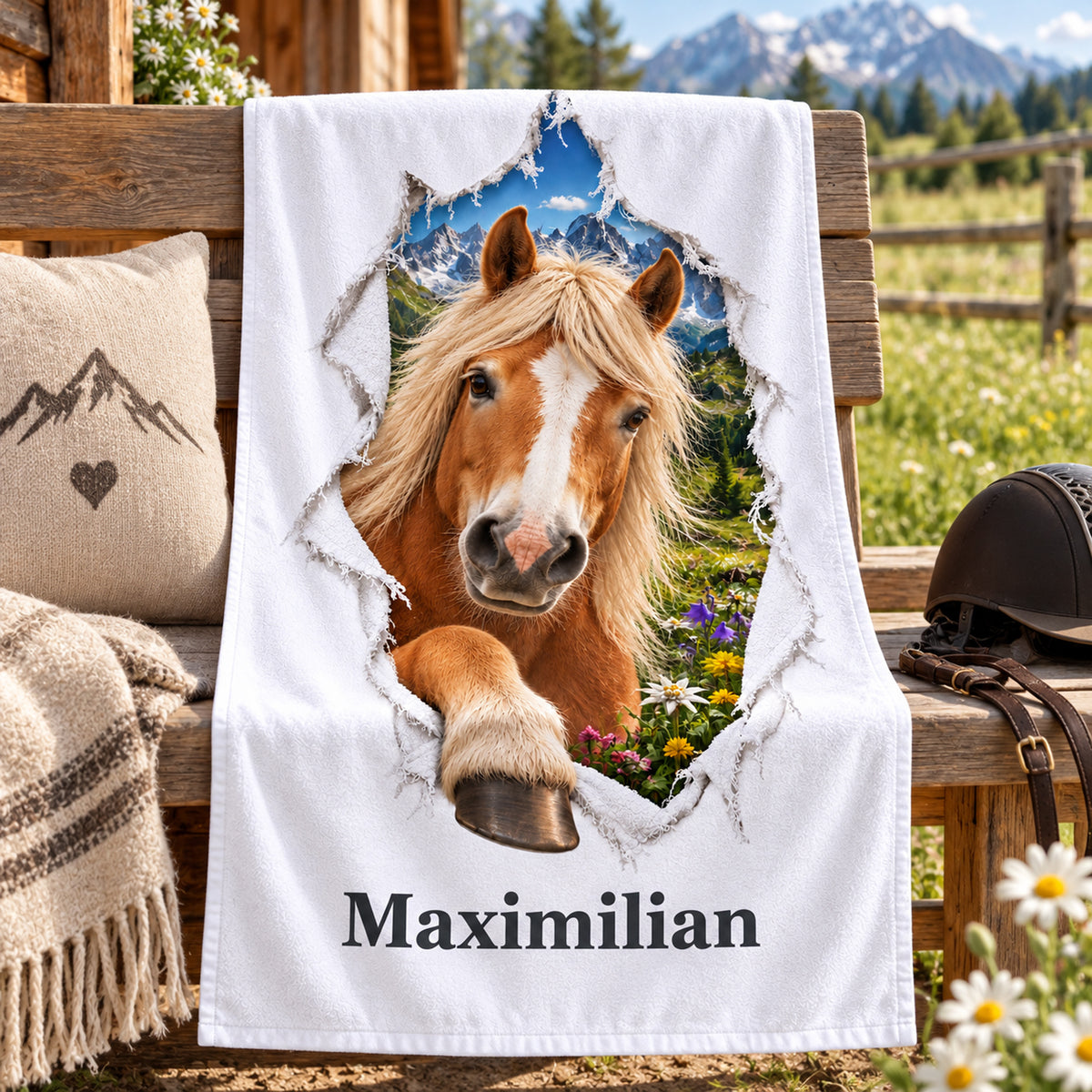 Personalisiertes Handtuch mit Haflinger auf einer Holzbank am Reitstall
