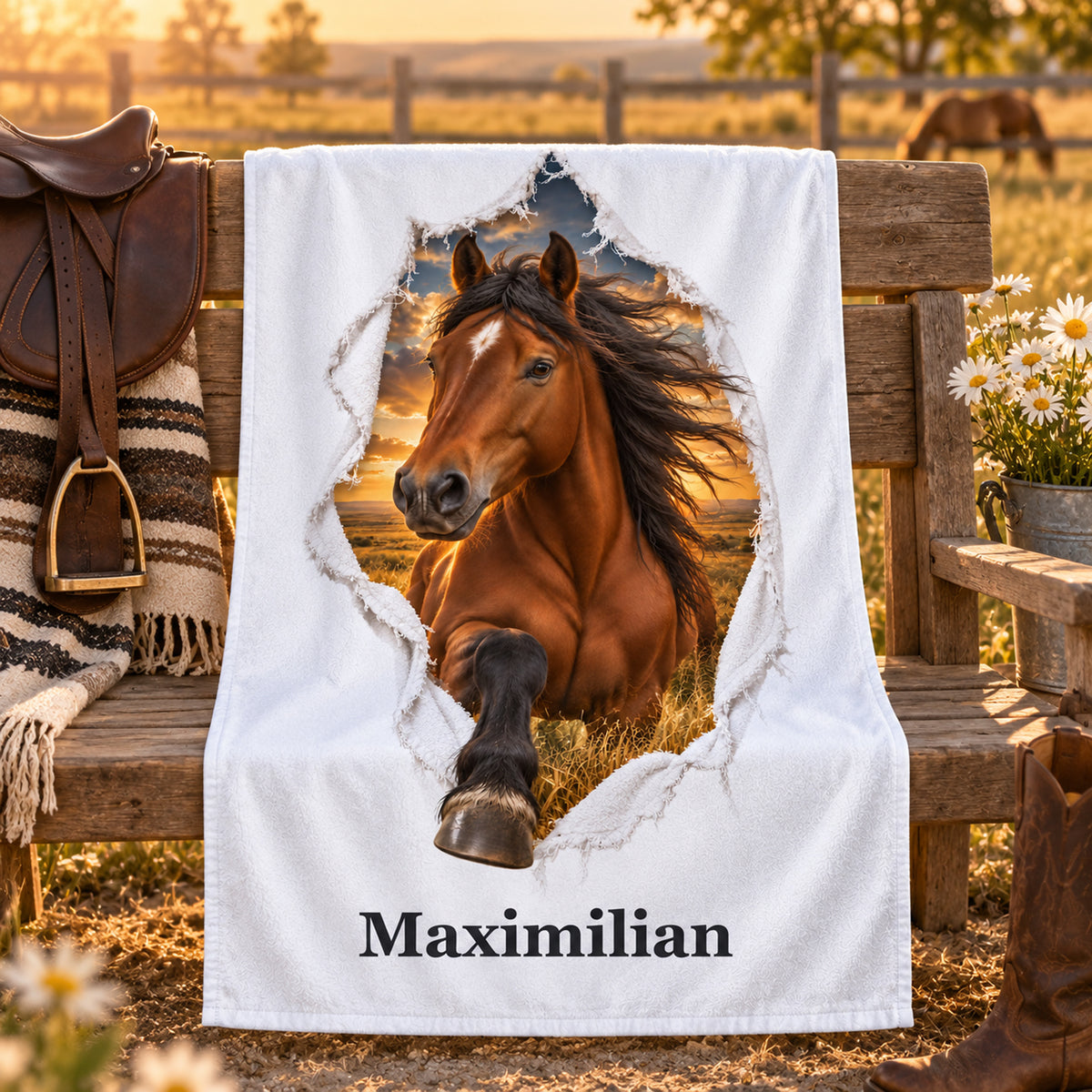 Personalisiertes Handtuch mit Mustang auf einer Holzbank am Reitstall