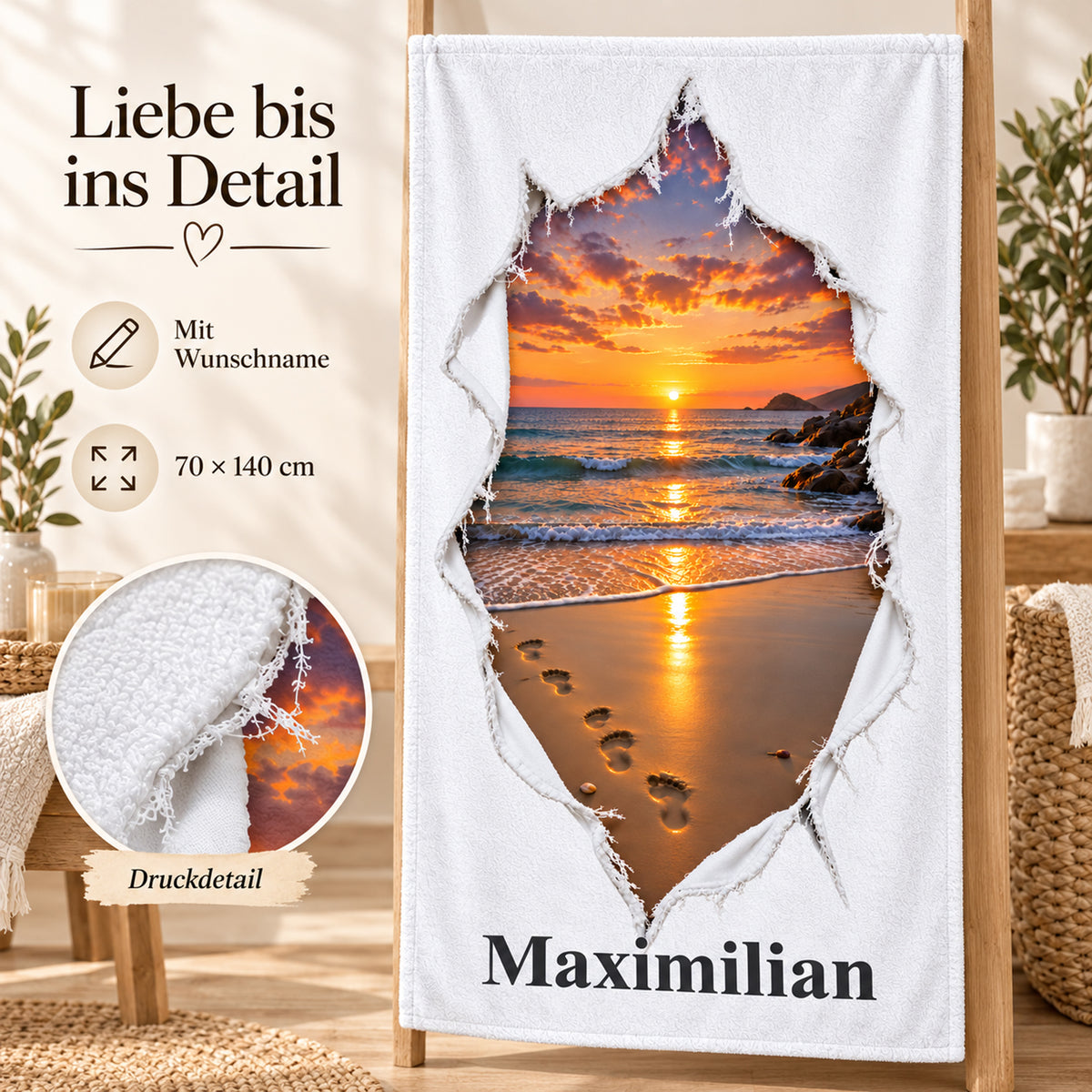 Handtuch mit Sonnenuntergang am Meer in Rissoptik und Wunschname, mit Druckdetail und Größenangabe
