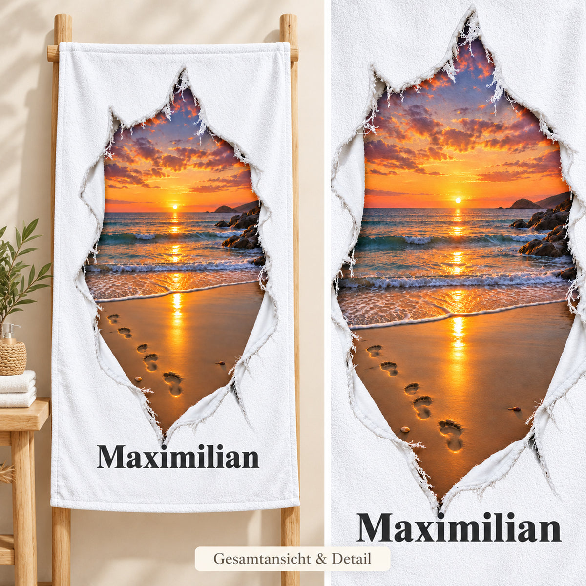 Handtuch mit Sonnenuntergang am Meer in Rissoptik und Wunschname, in Gesamtansicht und Druckdetail