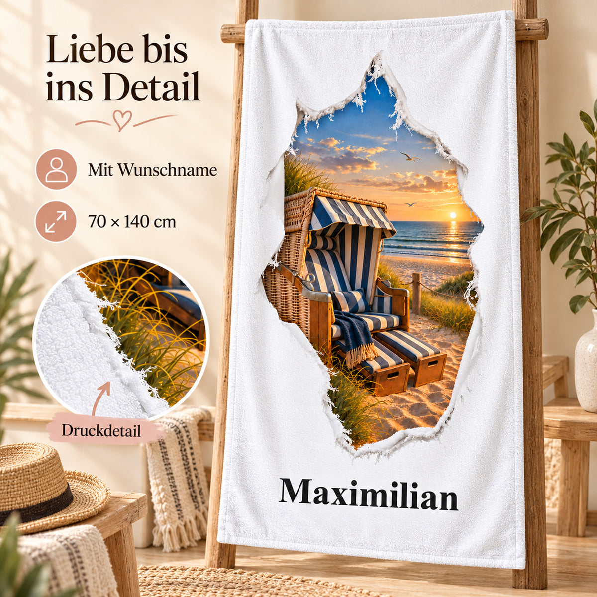 Handtuch mit Strandkorb in Rissoptik und Wunschname, mit Druckdetail und Größenangabe