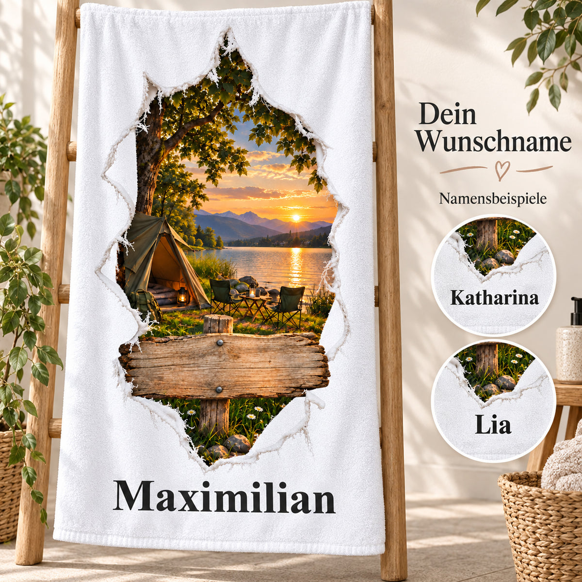 Handtuch mit Campingplatz am See in Rissoptik und Wunschname, mit kreisförmigen Namensdetails