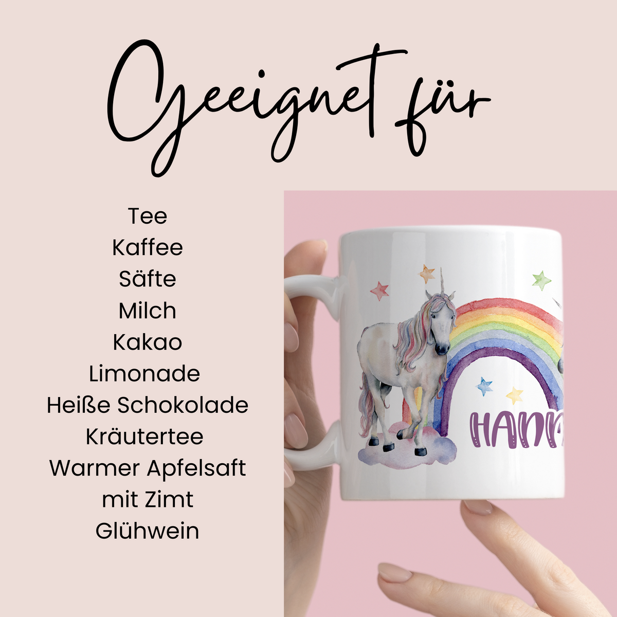 Tasse mit Einhorn und Regenbogen, weiß.