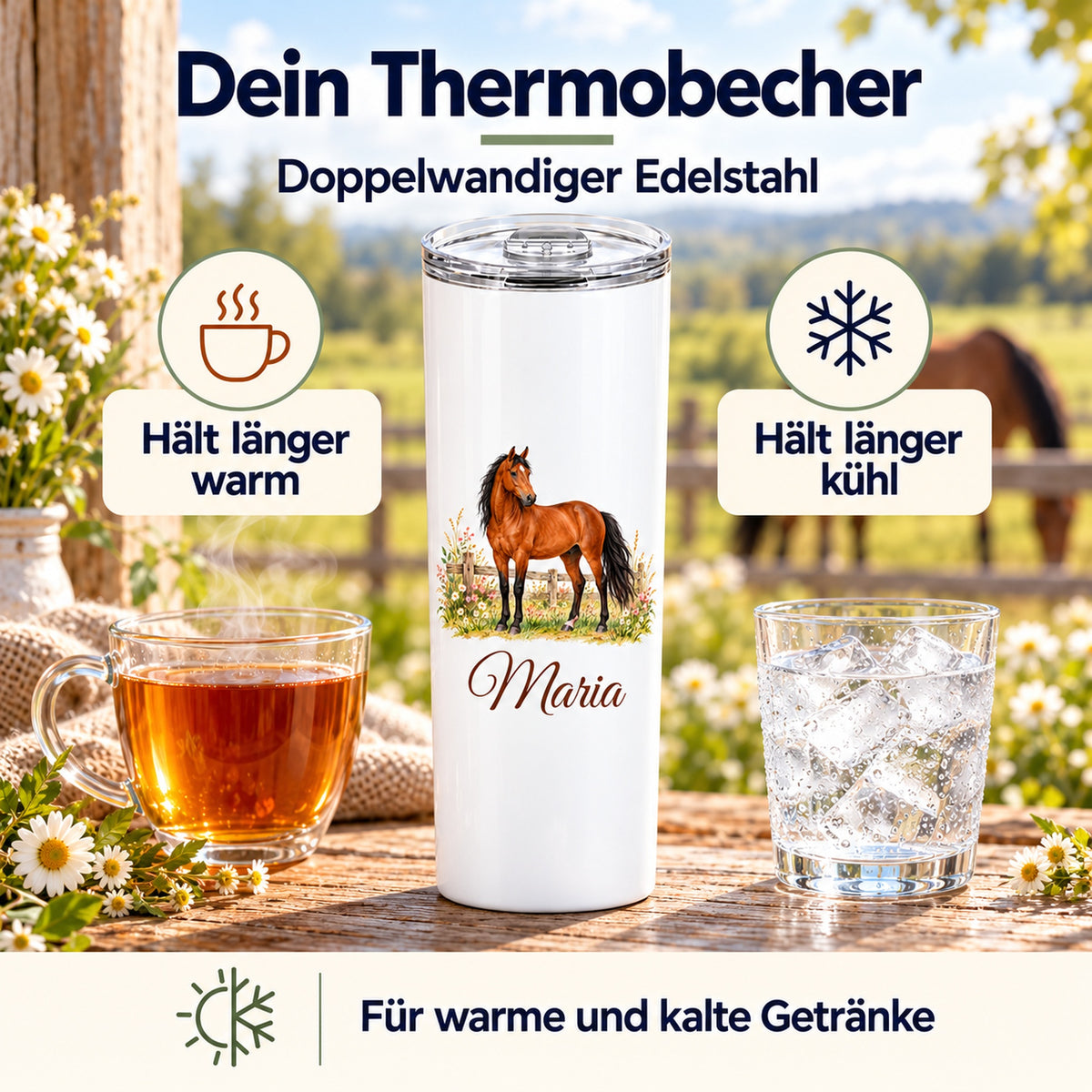 Weißer Thermobecher mit einem braunen Pferd am Koppelzaun und Wunschname neben einem warmen Getränk und einem Glas mit Eis zur Darstellung der Thermofunktion.