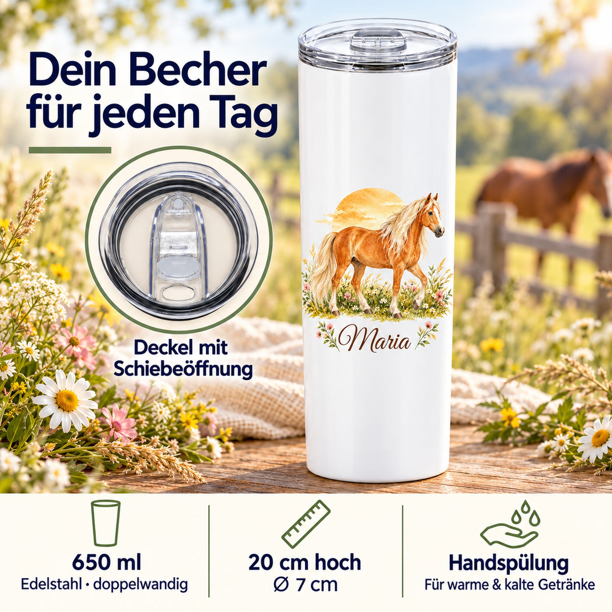 Weißer Thermobecher mit einem Haflinger vor einem Sonnenbogen und Wunschname mit Detailansicht des Schiebedeckels und Angaben zu Füllmenge, Maßen und Handspülung.