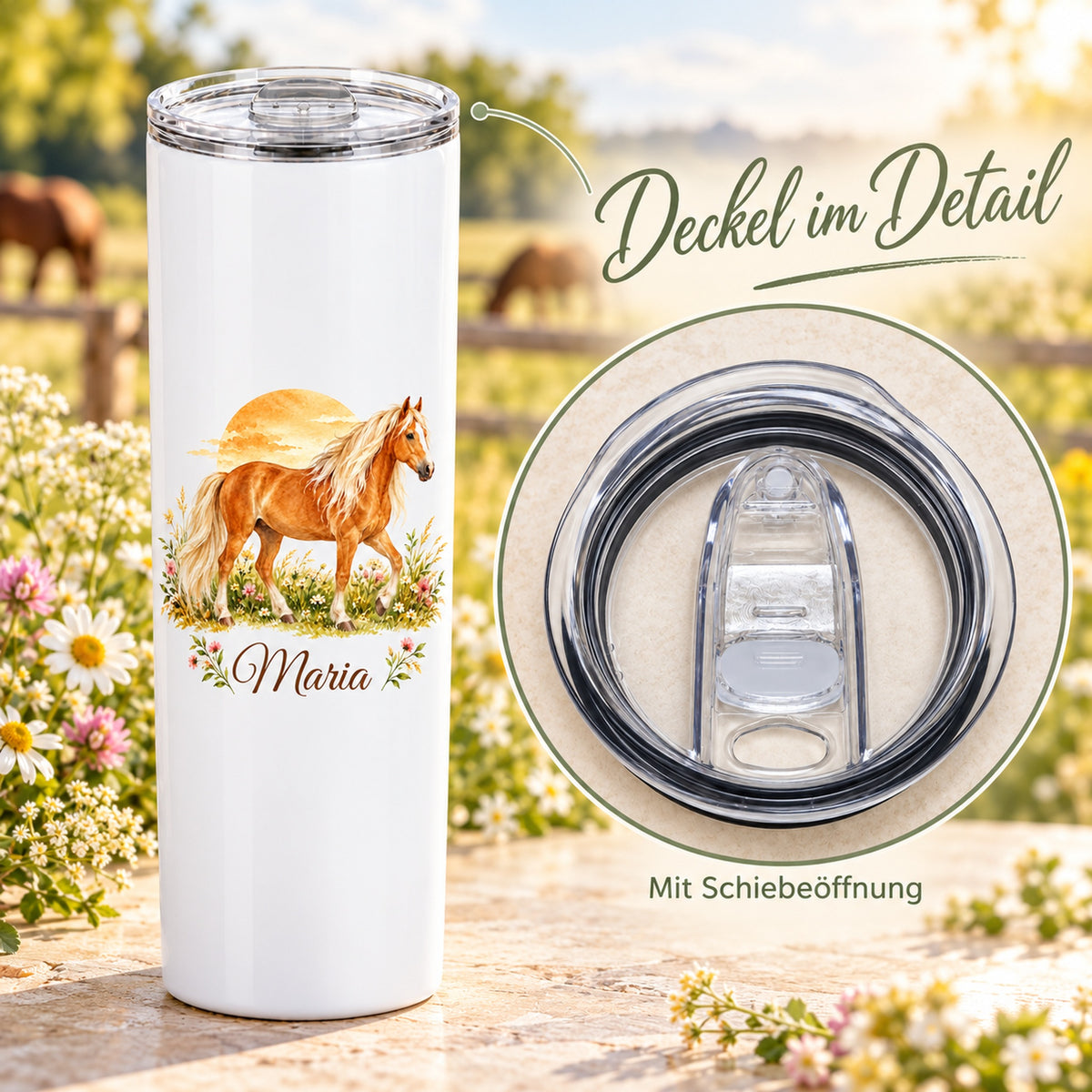 Weißer Thermobecher mit einem Haflinger vor einem Sonnenbogen und Wunschname mit vergrößerter Ansicht des transparenten Deckels und seiner Schiebeöffnung.