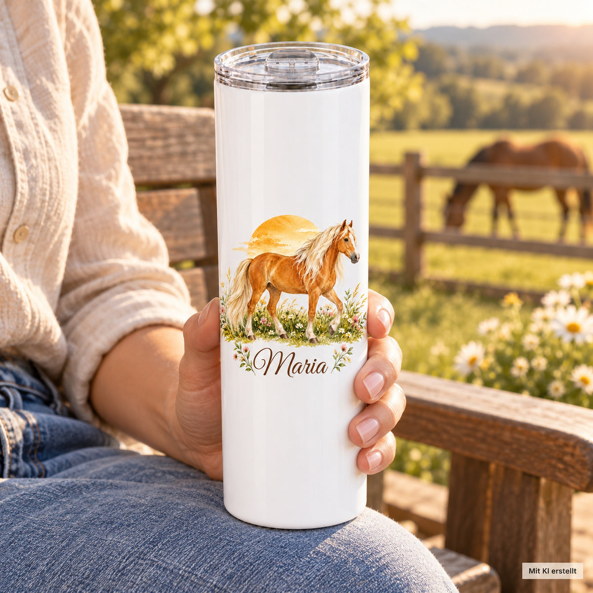 Weißer Thermobecher mit einem Haflinger vor einem Sonnenbogen und Wunschname in der Hand vor einer Pferdekoppel.