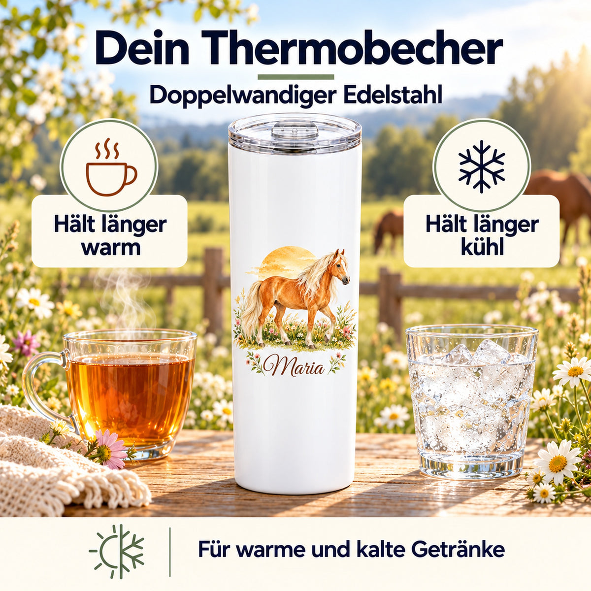Weißer Thermobecher mit einem Haflinger vor einem Sonnenbogen und Wunschname neben einem warmen Getränk und einem Glas mit Eis zur Darstellung der Thermofunktion.