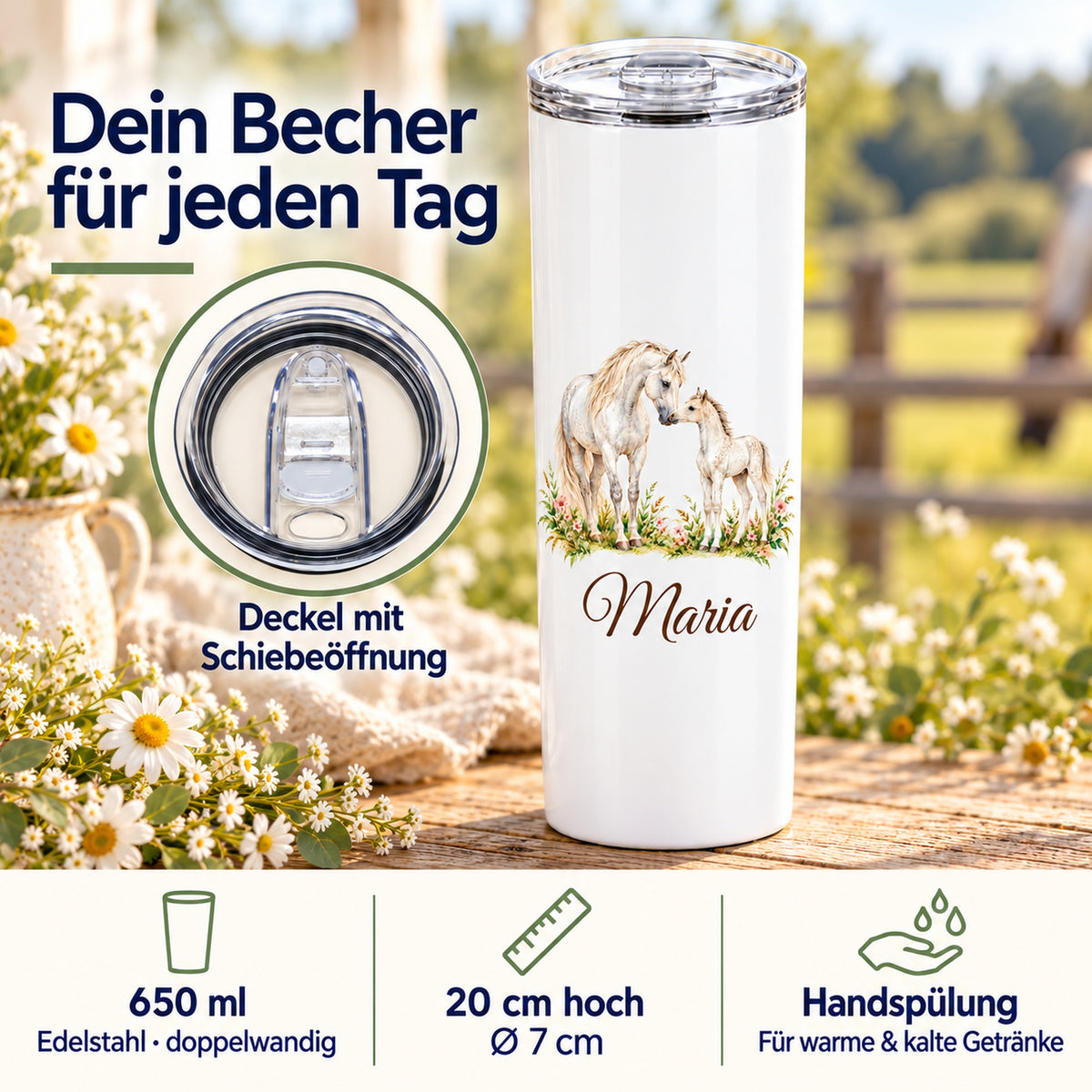 Weißer Thermobecher mit einer Schimmelstute mit Fohlen und Wunschname mit Detailansicht des Schiebedeckels und Angaben zu Füllmenge, Maßen und Handspülung.