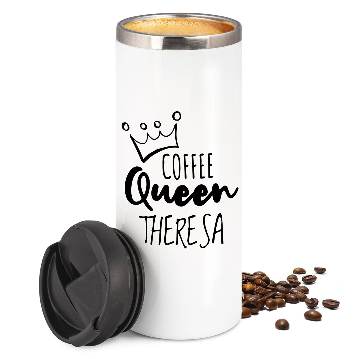 Weißer Kaffeebecher mit Aufschrift "Coffee Queen Theresa" und Krone.