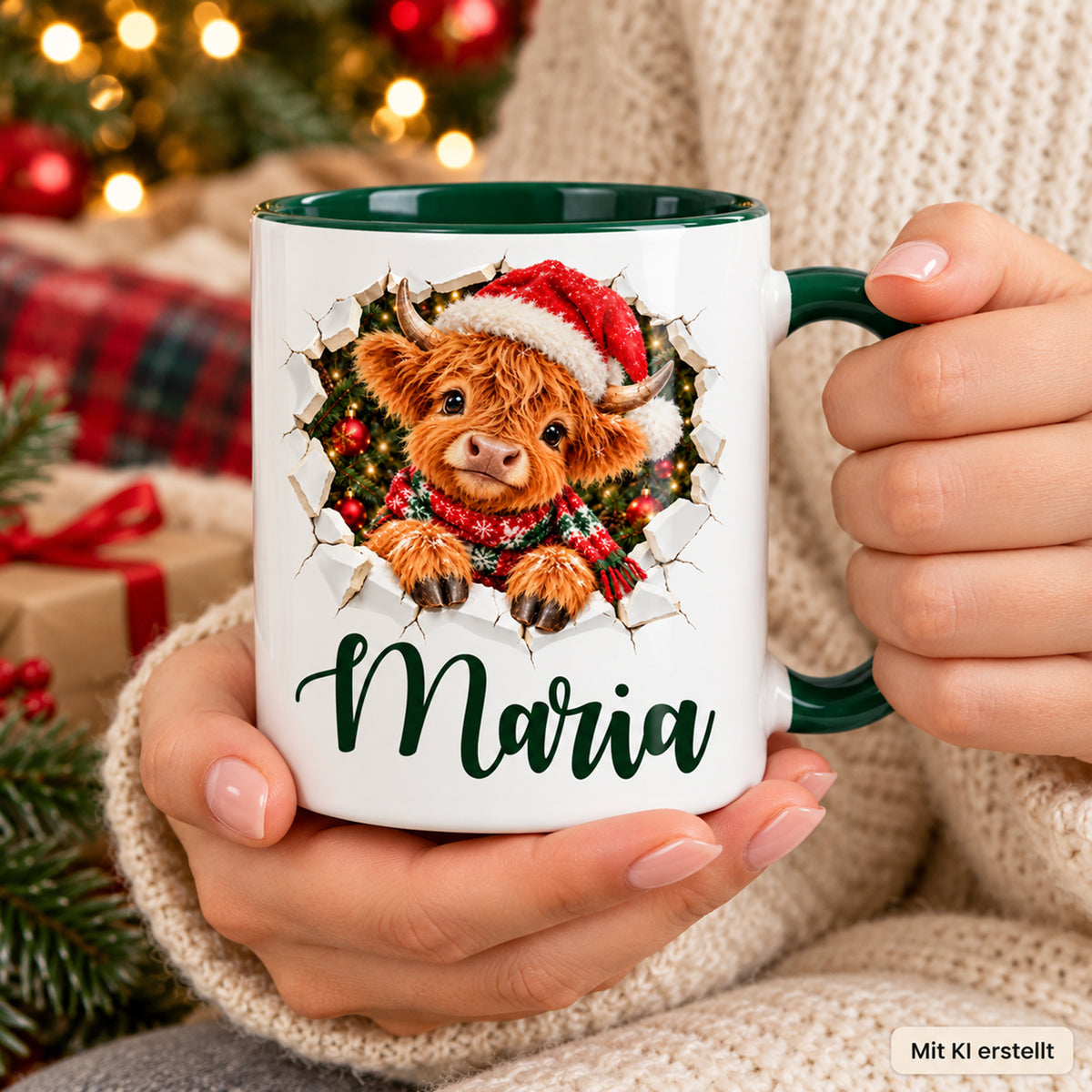 Hände halten die grüne Weihnachtstasse mit personalisiertem Hochlandrind-Motiv in gedruckter Bruch-Optik