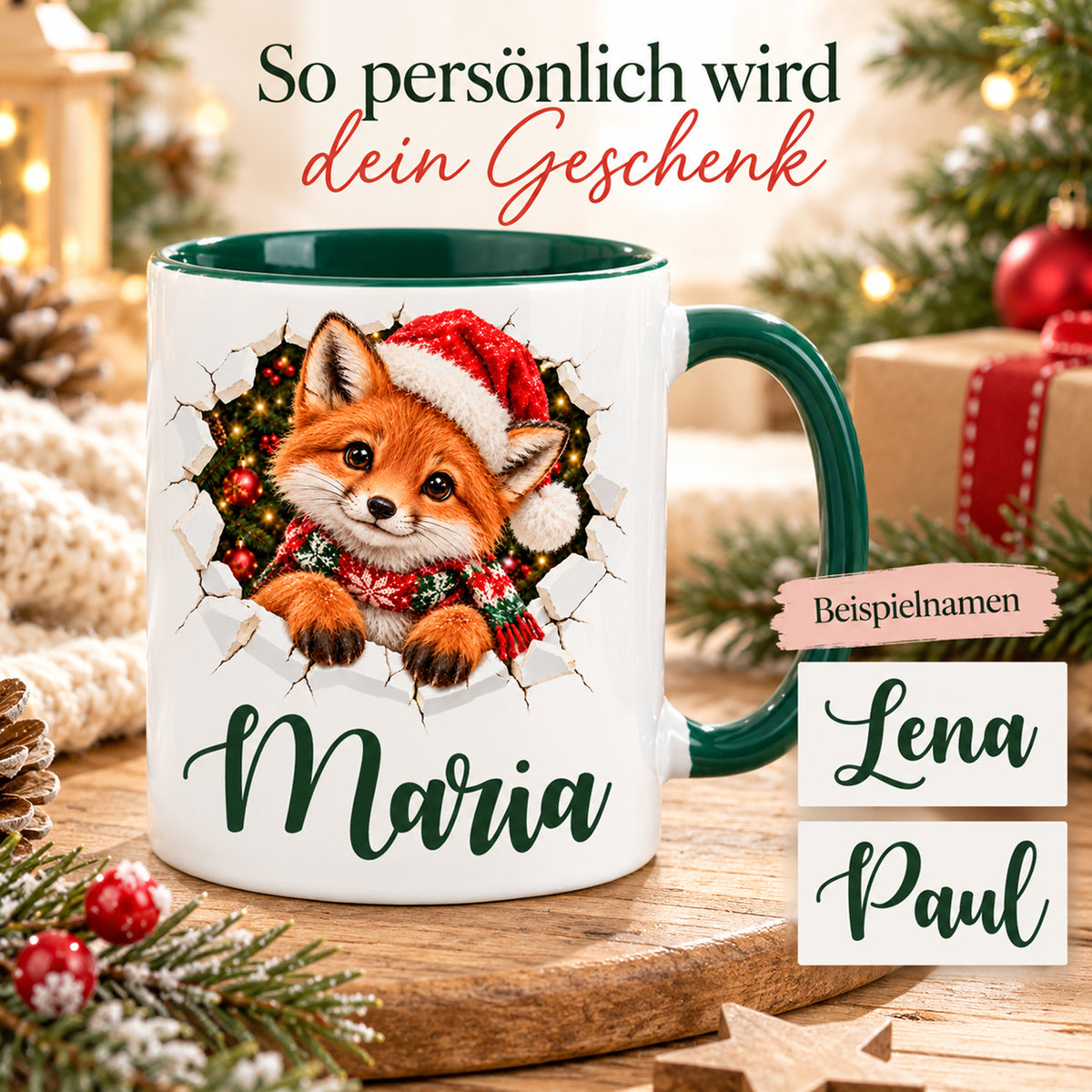 Personalisierung der Weihnachtstasse: Wunschname unter dem Fuchs-Motiv mit Weihnachtsmütze und Schal