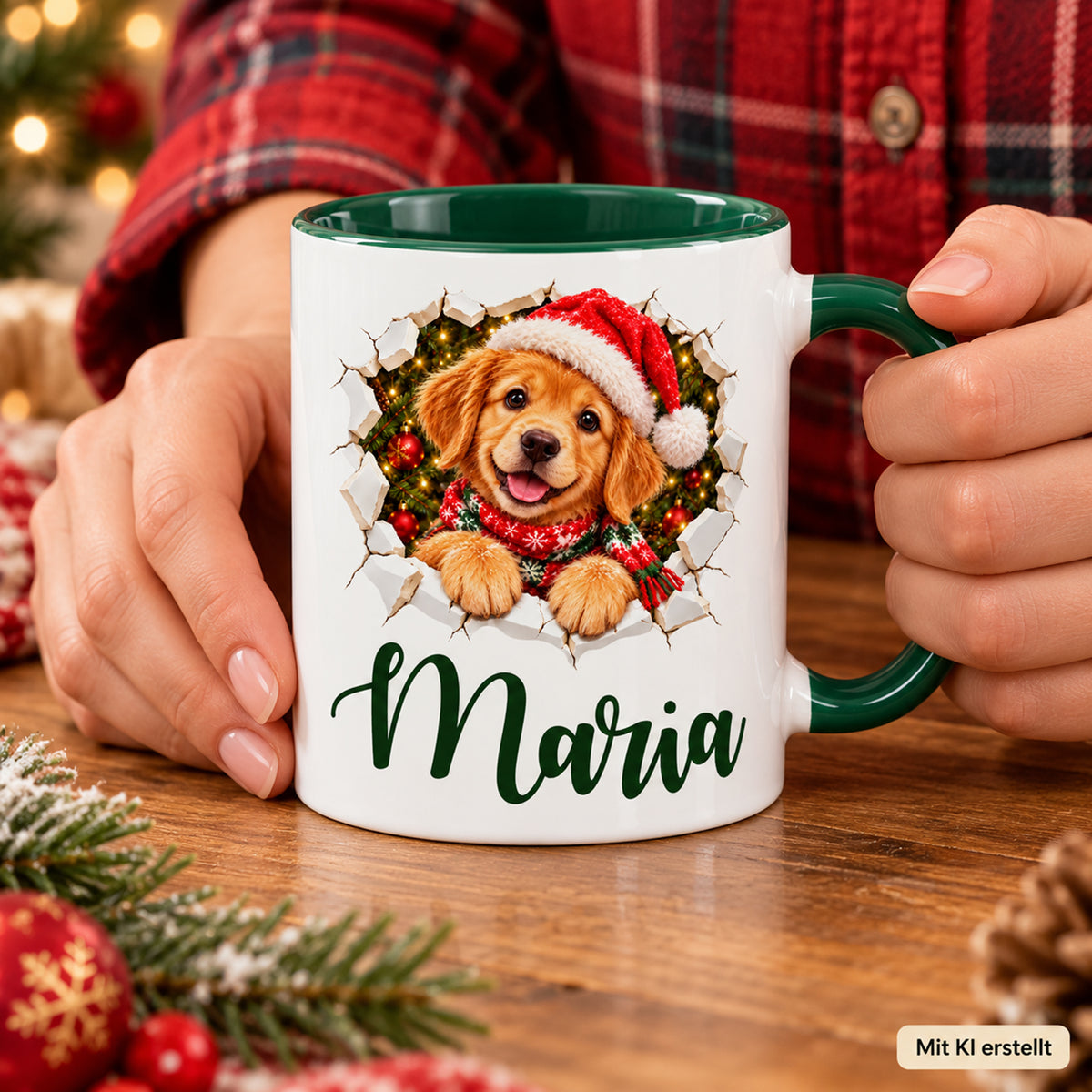 Hände halten die grüne Weihnachtstasse mit personalisiertem Hund-Motiv in gedruckter Bruch-Optik