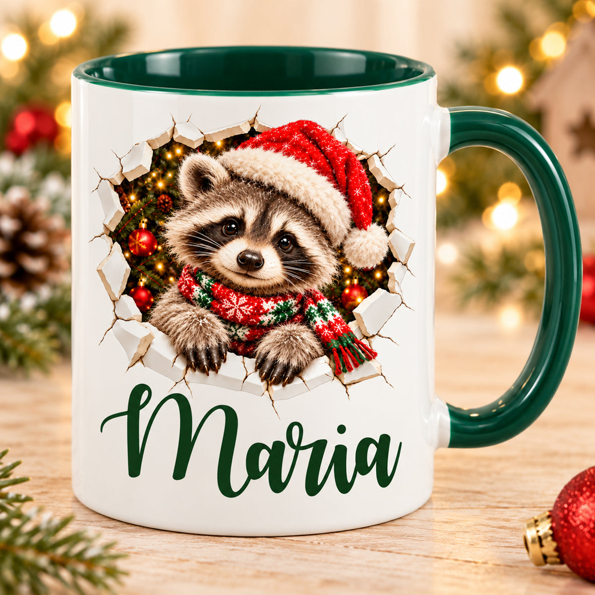 Weiße Tasse mit grünem Henkel und Innenraum, weihnachtlichem Waschbär-Motiv und Wunschname in Bruch-Optik