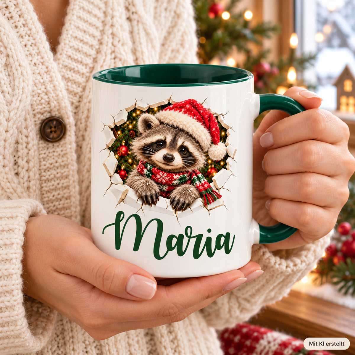 Hände halten die grüne Weihnachtstasse mit personalisiertem Waschbär-Motiv in gedruckter Bruch-Optik