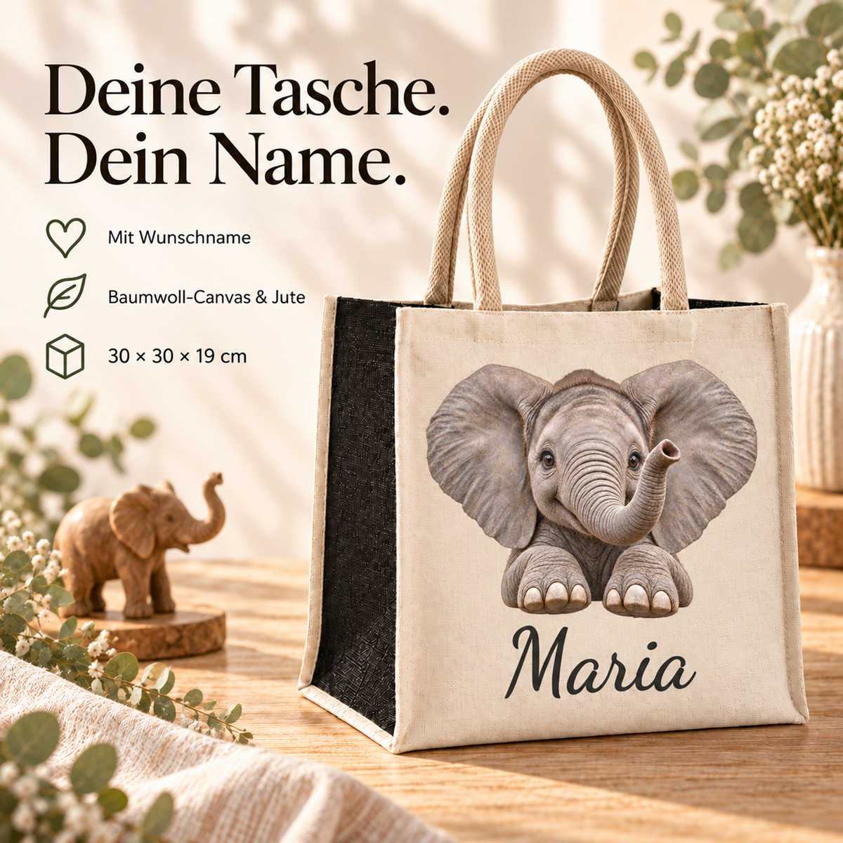 Einkaufstasche mit Elefant-Motiv, Wunschname und erklärten Produkteigenschaften