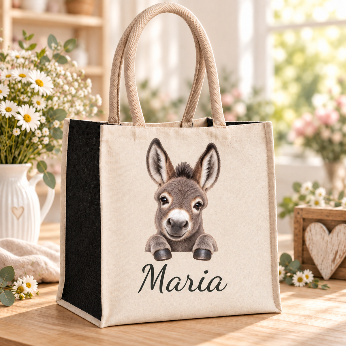 Einkaufstasche mit Esel-Motiv und Wunschname im Blumenatelier