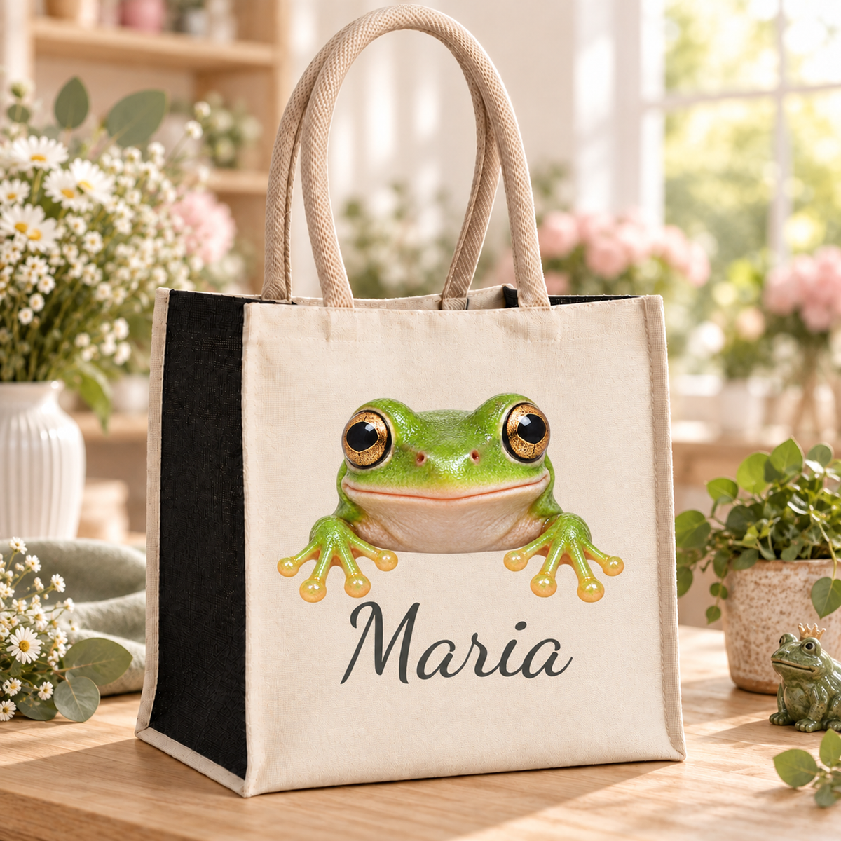 Einkaufstasche mit Frosch-Motiv und Wunschname im Blumenatelier