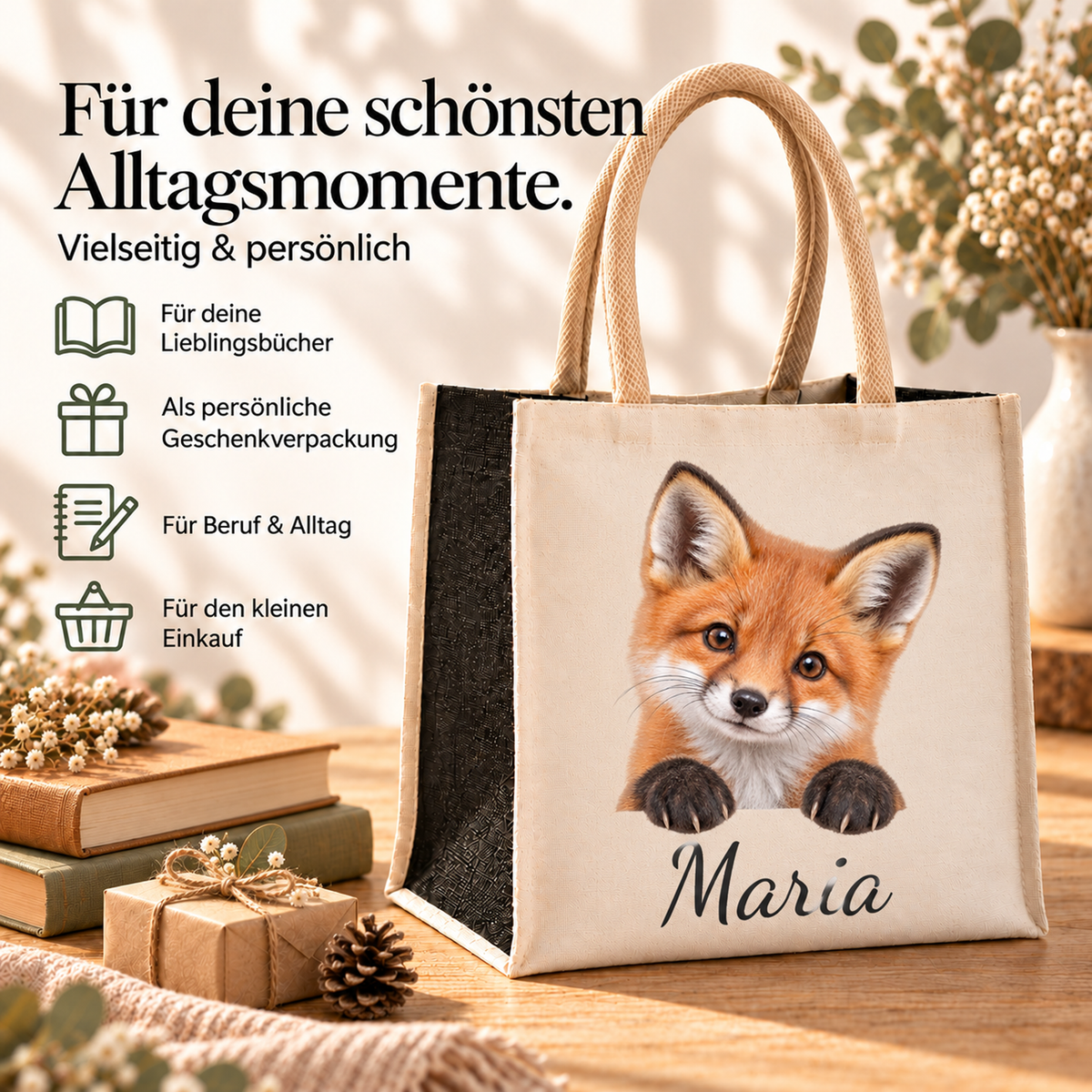 Personalisierte Einkaufstasche mit Fuchs-Motiv in einer Alltagsszene