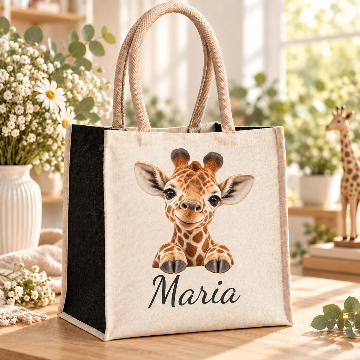 Einkaufstasche mit Giraffe-Motiv und Wunschname im Blumenatelier
