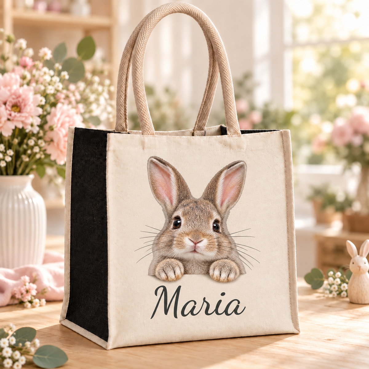 Einkaufstasche mit Hase-Motiv und Wunschname im Blumenatelier