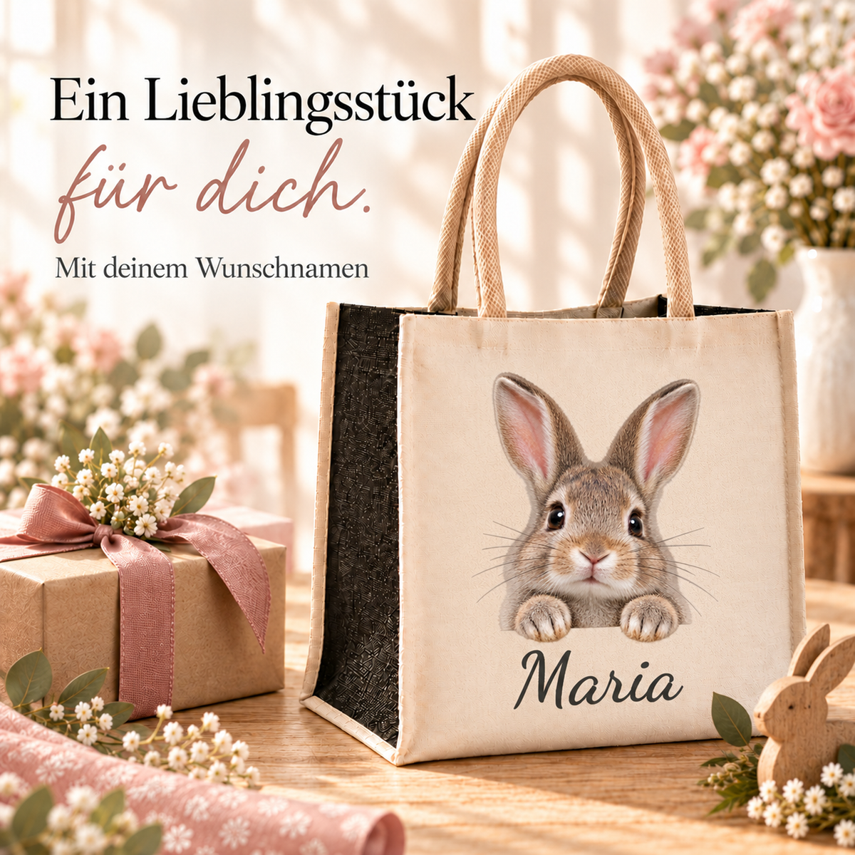 Personalisierte Einkaufstasche mit Hase-Motiv in einer Geschenkszene